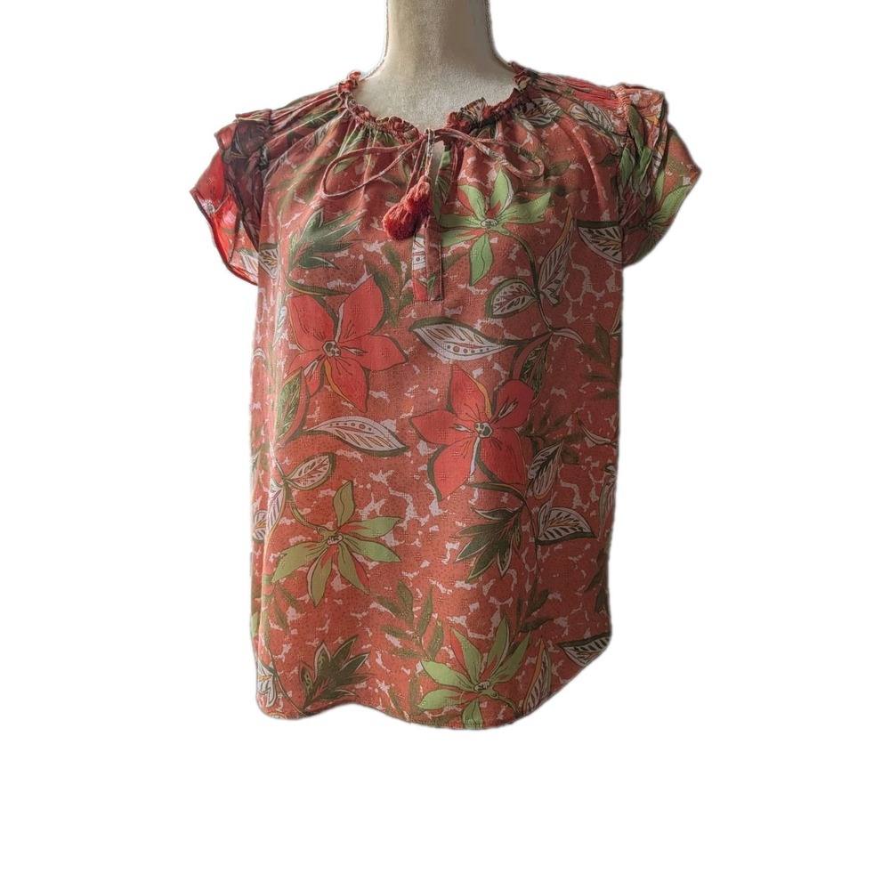 Rose + Olive Women's Size L Coral & Green Blouse Cap Sleeves‎ Travel Casual